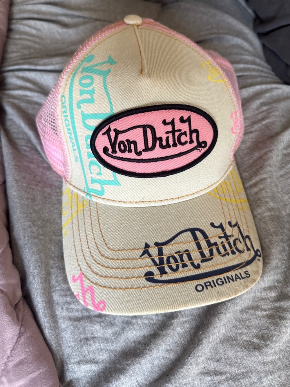 Von Dutch Kids Cream Hat with Pink Logo and Pastel Accents